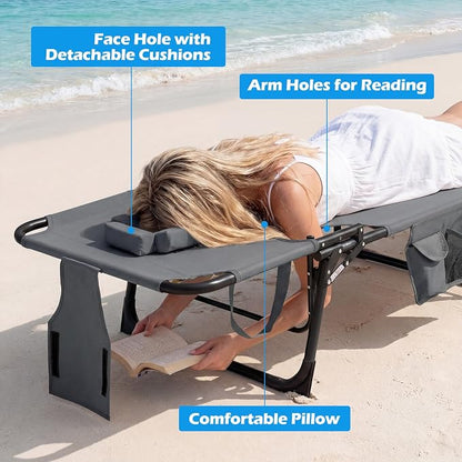 GYMAX Tanning Chair with Face Hole, Sun Bathing Lounge Chairs for Outside with Side Pocket, Folding Portable Face Down Layout Tanning Chair Beach, Backyard, Poolside, Lawn (Grey,1)