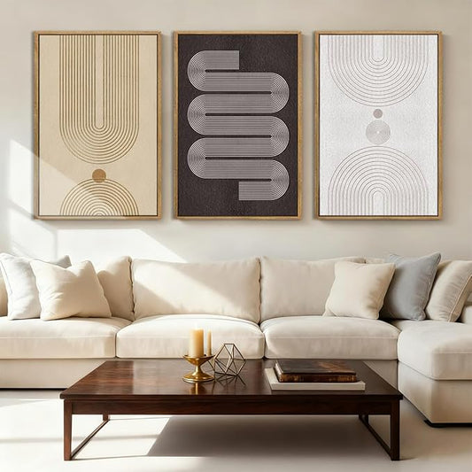 Anyzal Extra Large Modern Neutral Framed Wall Art 24x36 Inch Black Abstract Canvas Wall Decor Beige Boho Geometric Artwork for Living Room Bedroom Dining Room Set of 3