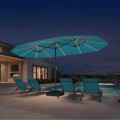 PURPLE LEAF 15ft Patio Market Umbrella with Solar LED and Base Double-Sided Rectangle Outdoor Table Sun Umbrellas with Crank for Pool Beach Deck Backyard Turquoise Blue