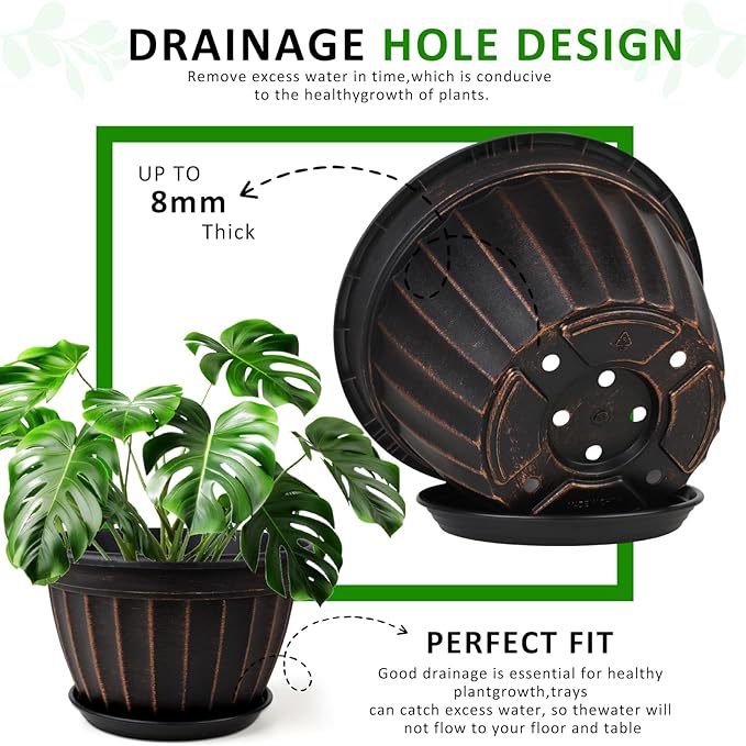 FGstyle 4 Pack Flower Pots,8 Inch Plants Pot,Planters Pot with Drainage Hole & Saucer,Modern Planters for Indoor Outdoor Plants,Decorative Resin Garden Pots for Outdoor Indoor Home Plants (Black)