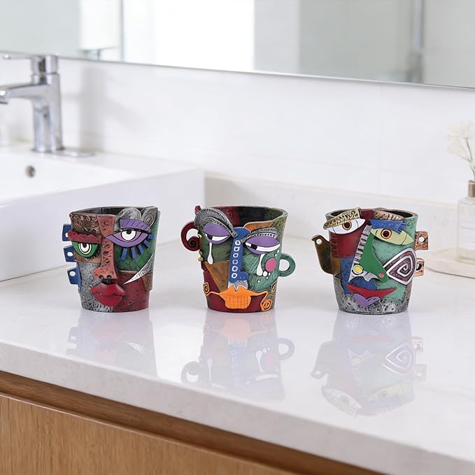 Funny Abstract Art Face Mini Planter Pots Set of 3, Unique & Colorful Hand-Painted Resin Succulent Pots for Indoor Decor, Shelf, Desk, Windowsill