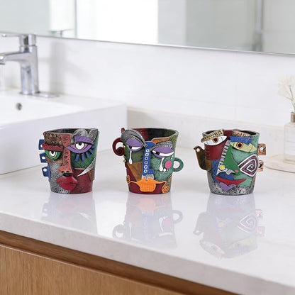 Funny Abstract Art Face Mini Planter Pots Set of 3, Unique & Colorful Hand-Painted Resin Succulent Pots for Indoor Decor, Shelf, Desk, Windowsill