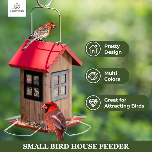 Kingsyard Cute Bird House Feeders for Outside, Hanging Metal Bird Feeder with 4 Ports, Outdoor Garden Yard Decorations for Cardinals Finches Chickadees Goldfinches & Sparrows Birds Watching