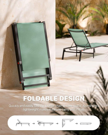 Patio Lounge Chair, Aluminum Foldable 5-Position,1 Pack,Green | Lightweight rustproof aluminum. Breathable quick-dry fabric. Full flat recline for sunbathing. Poolside, deck, beach, lawn.