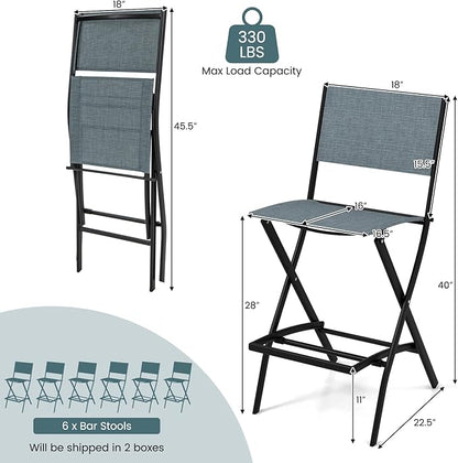COSTWAY Outdoor Patio Bar Chair Set of 6, Folding Bar Height Stool with Metal Frame & Footrest, Patio Bar Stool for Balcony, Garden & Poolside (6, Blue)