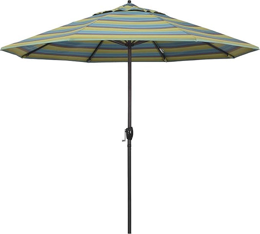 California Umbrella 9' Round Sunbrella Aluminum Outdoor Deck, Pool or Patio Umbrella, Crank Lift, Auto Tilt, Bronze Pole, Astoria Lagoon
