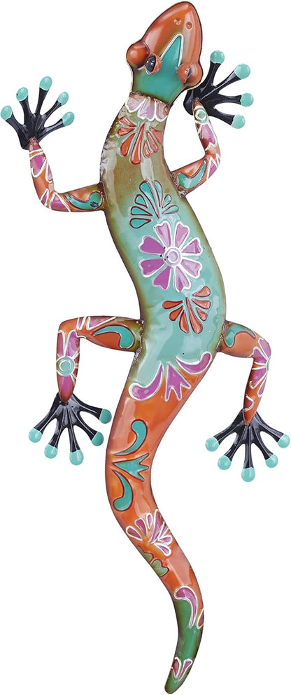 Deco 79 Metal Lizard Home Wall Decor Indoor Outdoor Floral Patterned Wall Sculpture with Teal and Pink Accents, Wall Art 18" x 3" x 33", Orange