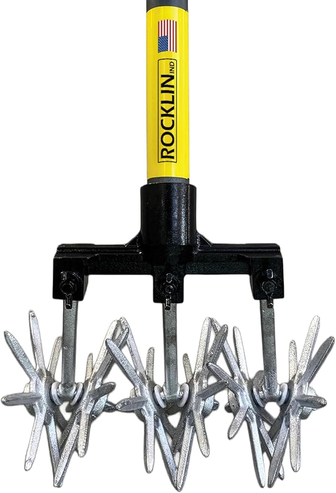 Rocklin New Heavy-Duty Rotary Cultivator Tool - 2X the Steel - 60” Extra Long Handle - Steel Tines - Heavy Duty - for All Soils - Till, Aerate, Weed, or Mix