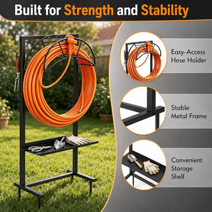 facka Garden Hose Holder Freestanding Metal Hose Stand 4-Prong Shelf Hooks | Holds up to 160FT Hose for Yard Garden Outdoor，Water Hose Holder and Hose Hanger, Alternative to Hose Reels for Outside