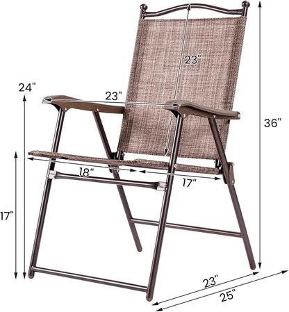Tangkula Set of 2 Patio Folding Dining Chairs, Outdoor Sling Lawn Chairs with Armrests, Steel Frame, Portable Camping Lounge Chairs for Backyard, Deck, Poolside and Garden, No Assembly (1, Brown)