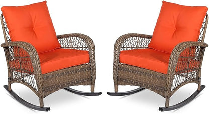 VIVIJASON 2 Piece Patio Wicker Rattan Rocker Chair, Outdoor Rattan Rocker Chair with Cushions & Steel Frame, All-Weather Rocking Lawn Wicker Furniture for Garden Backyard Porch (Orange)