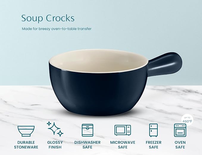 KooK French Onion Soup Crocks, Stackable Ceramic Bowls with Handles, Oven, Microwave and Dishwasher Safe, for Cereal, Soups, Casseroles, with Handle, Stoneware, 24 oz, Set of 4, Navy