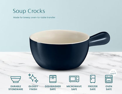 KooK French Onion Soup Crocks, Stackable Ceramic Bowls with Handles, Oven, Microwave and Dishwasher Safe, for Cereal, Soups, Casseroles, with Handle, Stoneware, 24 oz, Set of 4, Navy