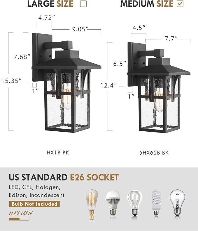 HWH INVESTMENT Outdoor Wall Light 2 Pack, Exterior Wall Sconce Light Fixtures with Seeded Glass, Farmhouse 1-Light Porch Light Waterproof for Patio Balcony Indoor, Matte Black, 5HX62B-2PK BK