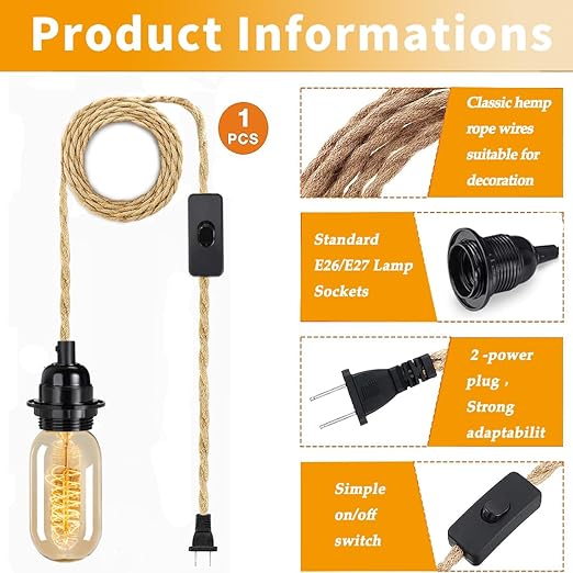 HESSION Rattan Wrapped Extension Hanging Lantern, Plug-in Pendant Light with Hemp Cord - 15ft, E26/E27 Compatible Vintage Fabric Lamp - Ideal for Rustic and Boho Style Decor
