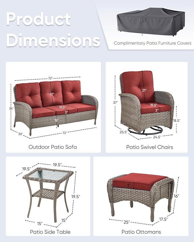 6 Pieces Outdoor Furniture-Patio Swivel Rocker Chairs Set of 2 3-Seater Wicker Couch with Outdoor Ottoman Outdoor Patio Furniture Set for Deck Porch Garden Balcony Poolside-Grey/Red