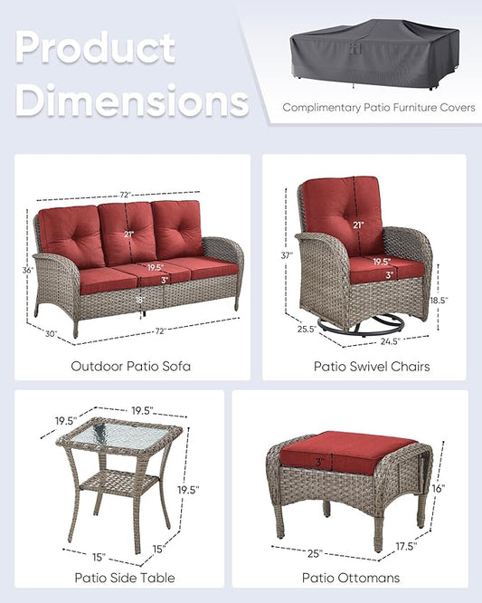 6 Pieces Outdoor Furniture-Patio Swivel Rocker Chairs Set of 2 3-Seater Wicker Couch with Outdoor Ottoman Outdoor Patio Furniture Set for Deck Porch Garden Balcony Poolside-Grey/Red