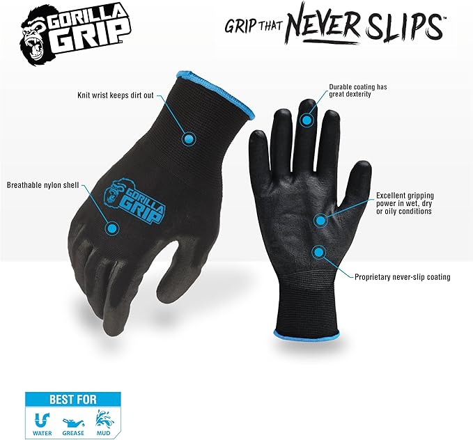 Gorilla Grip Work Gloves, Never Slip Maximum Grip All-Purpose, Gloves for Men, Superior in Wet, Dry, Oily Conditions, Polymer Palm, Large Size, 120 Pairs, Black/Blue| 19412AM