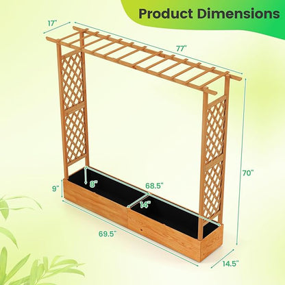 Giantex Set of 2 Raised Garden Bed with Trellis & Hanging Roof, Wood Planter Box with Bottom and Drainage Holes, Freestanding Garden Planter for Flower Vegetable Fruit Herb Climbing Vines, 77"x17"x72"