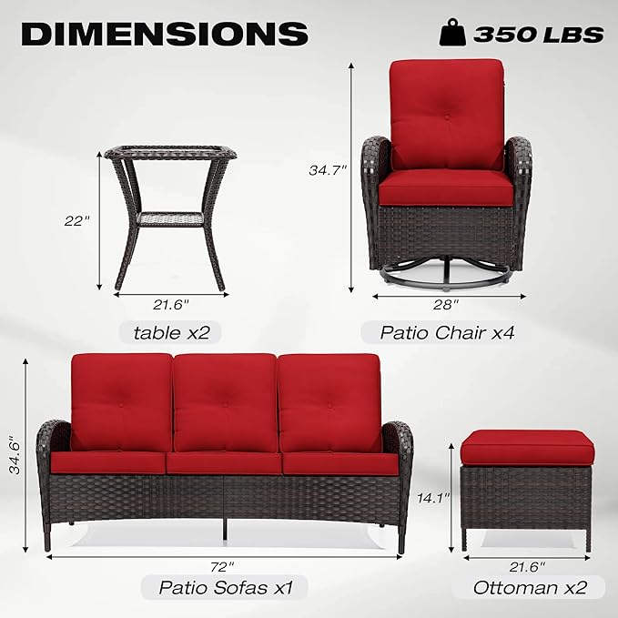 Joyside 9 Piece Patio Furniture Set, Outdoor Wicker Conversation Sets with Swivel Rocker Chairs and Sofa, Thick Cushion, Rattan Patio Sectional for Porch, Deck Use (Brown/Red, 9 PCS)