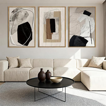 Anyzal Extra Large Abstract Neutral Framed Wall Art 24x36 Inch Black Modern Canvas Wall Decor Tan Grey Minimalist Artwork for Living Room Dining room Bedroom Set of 3