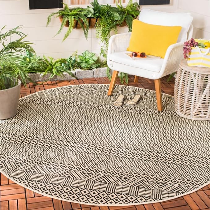 SAFAVIEH Washable Rug Outdoor Courtyard Collection - 6'7" Round, Beige & Black, Non-Shedding & Easy Cleaning, Ideal for Patio, Backyard, Mudroom (CY6235-25612)