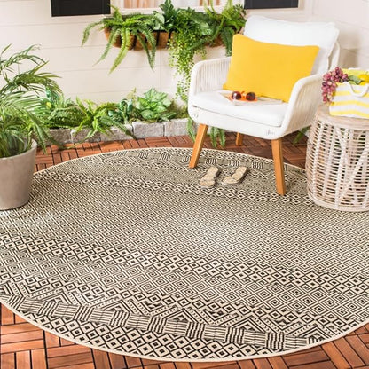 SAFAVIEH Washable Rug Outdoor Courtyard Collection - 6'7" Round, Beige & Black, Non-Shedding & Easy Cleaning, Ideal for Patio, Backyard, Mudroom (CY6235-25612)