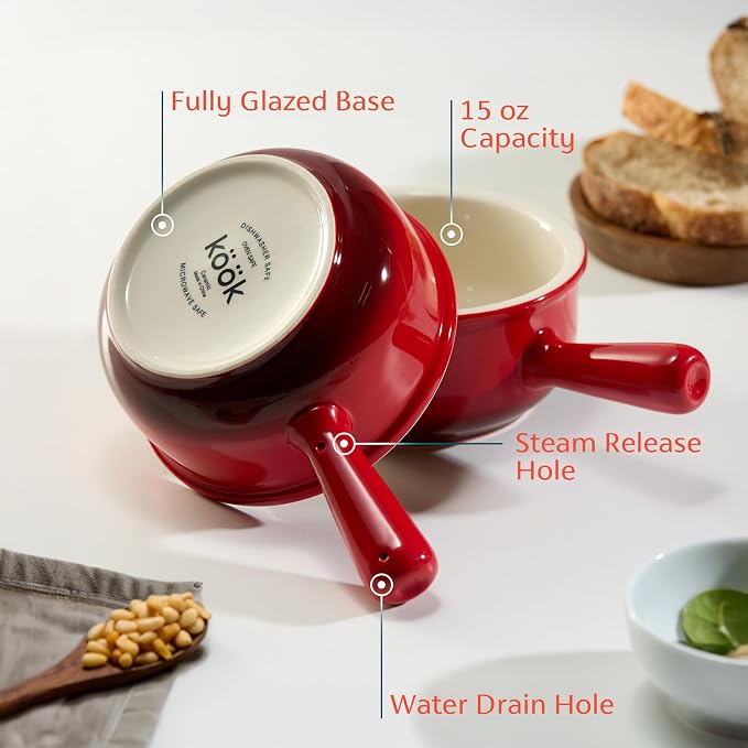 KooK French Onion Soup Bowls, French Onion Crocks, Bowl with Handles, 15 oz, Set of 4, Ceramic Bowls, Microwave, Dishwasher Safe & Oven safe, Stoneware (Red Ombre)