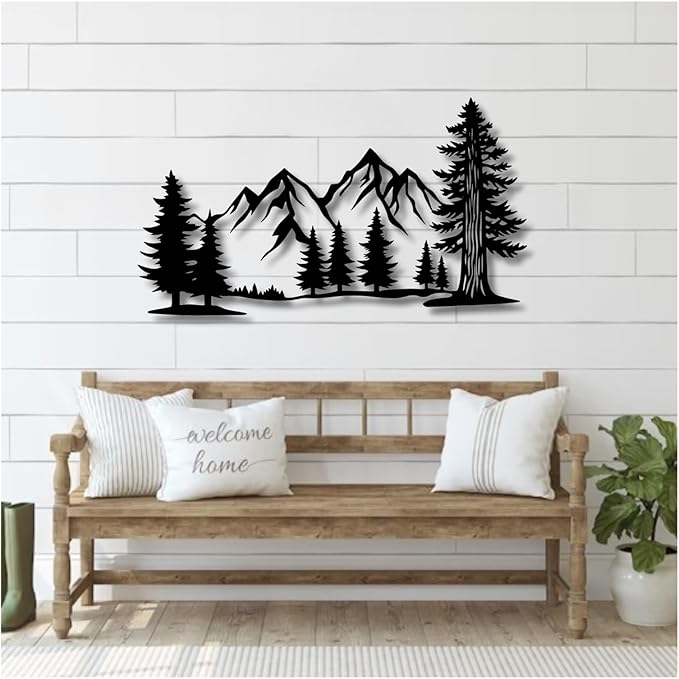 Metal Mountain Wall Art, Large Size Mountain Wall Decor, Tree Art Wall Hangings For Living Room, Bedroom, Outdoor(Red,48x26 in/121x67cm)