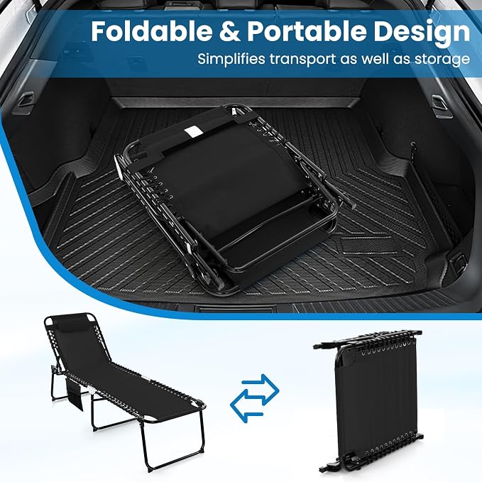 GYMAX Lounge Chairs for Outside, Extra High Folding Beach Tanning Lounger with Adjustable Backrest, Footrest & Removable Pillow, Sunbath Lounge for Patio, Lawn, Poolside (1, Black with Side Pocket)