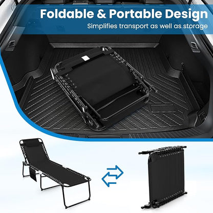 GYMAX Lounge Chairs for Outside, Extra High Folding Beach Tanning Lounger with Adjustable Backrest, Footrest & Removable Pillow, Sunbath Lounge for Patio, Lawn, Poolside (1, Black with Side Pocket)