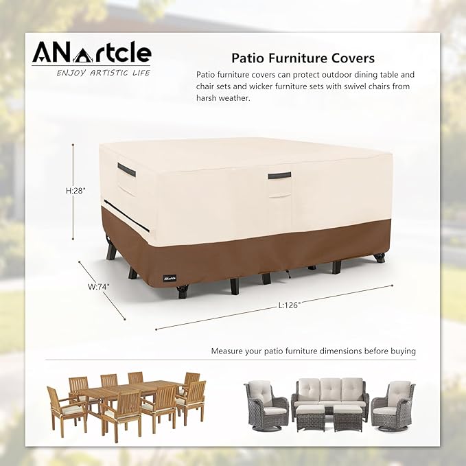 ANartcle Patio Furniture Covers 126L x 74W x 28H inch,600D Waterproof Heavy Duty Outdoor Furniture Covers,Outdoor Wicker Furniture Set with Swivel Patio Chairs General Purpose Furniture Cover,Beige