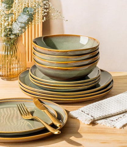 TheTerra Ceramic Dinnerware Set for 4, 12-Piece Plates and Bowls Set | Lightweight Porcelain Dish Set, Scratch Resistant, Oven & Microwave & Dishwasher Safe, Sage Umber