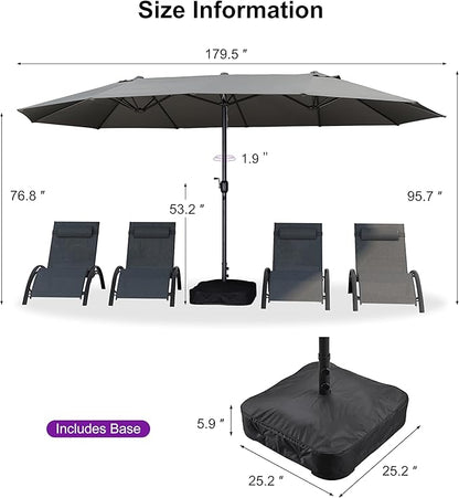 PURPLE LEAF 15ft Patio Market Umbrella with Base Double-Sided Rectangle Outdoor Table Sun Umbrellas with Crank 12 Heavy Duty Sturdy Ribs for Pool Beach Deck Backyard Gray