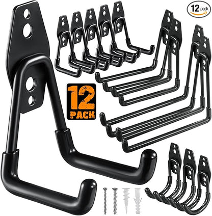 HUPBIPY 12 Pack Garage Hooks Heavy Duty Utility Steel with Anti-Slip Coating Wall Mount Storage Organizer for Hanging Power and Garden Tools, Ladders, Hose, Bikes, Ropes, Bulk Items, and More