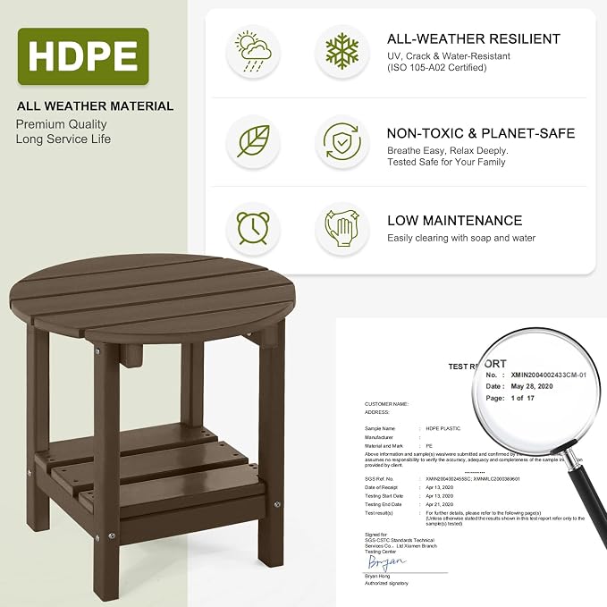 Adirondack Outdoor Side Tables, 2-Tier Round Outdoor Table, Weather Resistant HDPE Patio End Table for Garden, Lawn, Pool, Beach, Porch, Deck, Backyard - Dark Brown