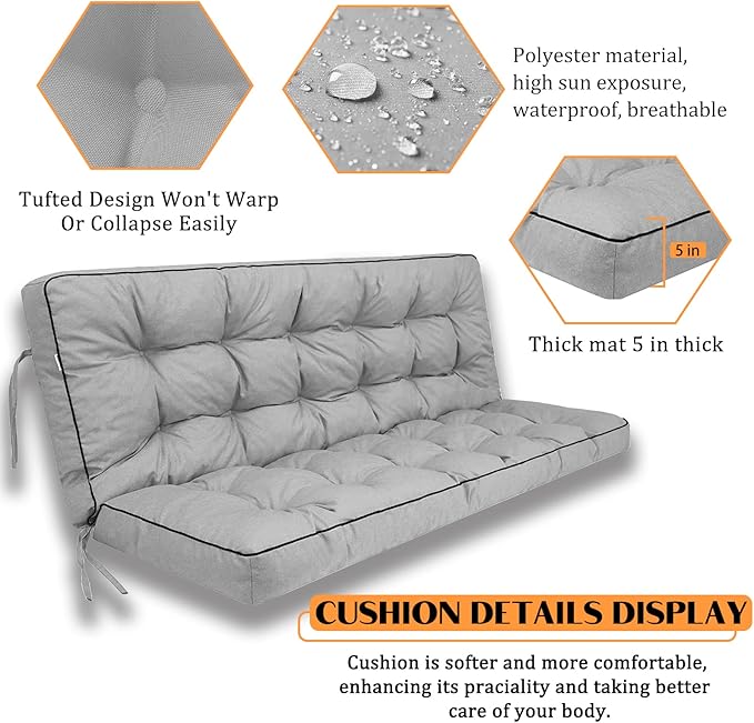 Swing Replacement Seat Cushions, 2-3 Seater Bench Cushions for Outdoor Furnitur with Backrest, Garden Recliner Seat Cushions Waterproof Sofa Pads (Light Gray, 70.8x40in)