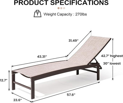Crestlive Products Outdoor Lounge Chairs, Metal Pool Chaise Lounge Chairs, Adjustable Five-Position Tanning Recliner, All Weather for Patio, Beach, Yard, Pool (1PC Beige)