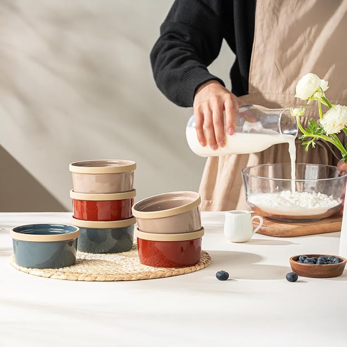 DAFUCERAMIC Ramekins 8 Oz Oven Safe, Ceramic Creme Brulee Souffle Dishes, Pudding Custard Cups Ramekin For Baking, Small Dipping Sauce Bowls, Set of 6, Microwave and Dishwasher Safe (Artisan Colors)