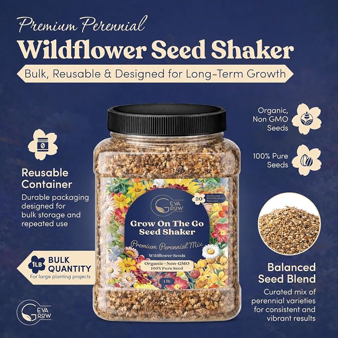 Bulk Wildflower Seed Shaker – Perennial Flower Seeds Mix to Plant Anywhere, by Geva Grow | 20 - Different Type Beautiful Perennial Wildflower Seeds Bulk 900,000+ Seeds, 1 Pound Tub