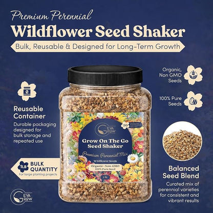 Bulk Wildflower Seed Shaker – Perennial Flower Seeds Mix to Plant Anywhere, by Geva Grow | 20 - Different Type Beautiful Perennial Wildflower Seeds Bulk 900,000+ Seeds, 1 Pound Tub