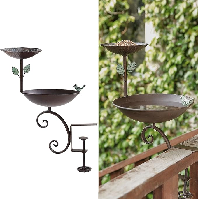 Bird Bath for Deck Railing, 2 in 1 Balcony Bird Feeder and Baths for Outdoors, Detachable Outdoor Birdbath with Heavy Duty Clamp, Weather Resistance Suitable for Garden Porch Backyard