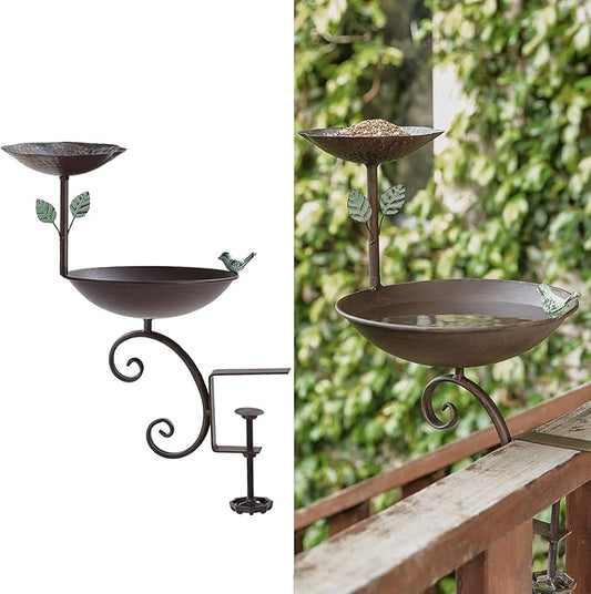 Bird Bath for Deck Railing, 2 in 1 Balcony Bird Feeder and Baths for Outdoors, Detachable Outdoor Birdbath with Heavy Duty Clamp, Weather Resistance Suitable for Garden Porch Backyard