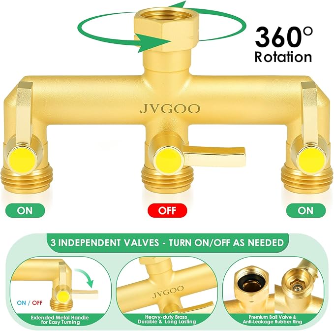 Garden Hose Holder for Outside & Garden Hose Splitter, Upgraded Water Hose Holders with 5 Spikes & 2 Shepherds Hooks, Brass 3 Way Hose Splitter Heavy Duty With Extension Handle