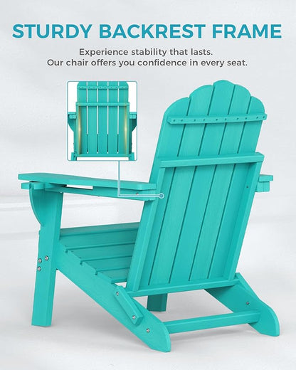 Adirondack Chairs Set of 4, Foldable Adirondack Chairs with 2 Cup Holder, Wood Texture HDPE Fire Pit Chairs, Outdoor Lawn Chair for Patio Garden, Lake Blue