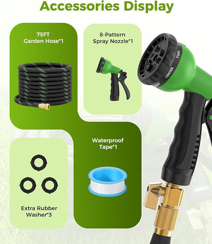 75ft Garden Hose, Non-Expandable Water Hose with 8 Function Spray Nozzle, Lightweight, Knik-Free, Burst-Resistant, Durable & Flexible 3/4" Garden Hose for Lawn, House Cleaning, Car Washing