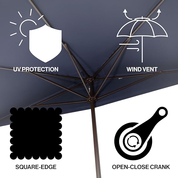 JONATHAN Y Half Umbrella UMB1200C Sidney 9 ft. Classic MidCentury Rectangular Market Patio with Crank, Wind Vent and UV Protection in Navy/White