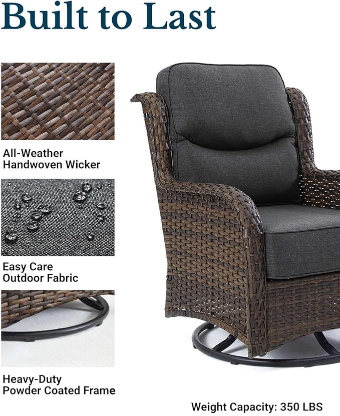 HILLGA Luxury Patio Furniture Set with 6-Inch Thick Cushions, High Back Outdoor Swivel Rocker Chairs, 2-Piece All Weather Conversation Set for Porch Deck Balcony Yard, Dark Grey (V3)