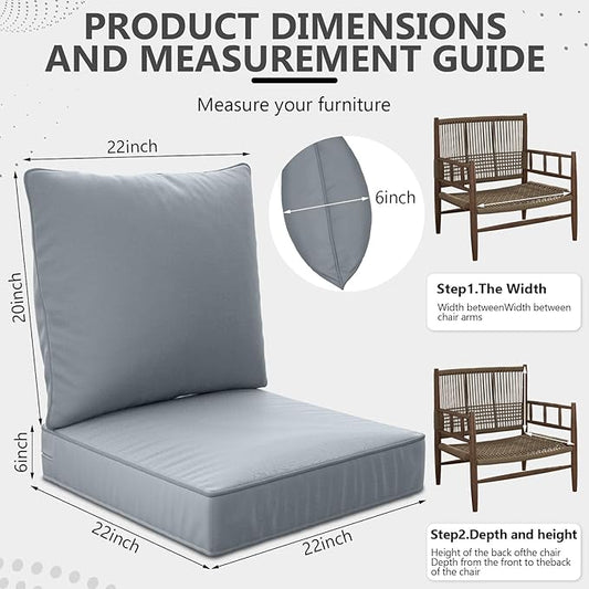 22" x 22" x 6" Outdoor Deep Seat Cushions Set - 2 Set Waterproof & Fade Resistant Patio Furniture Replacement Cushions, Non-Slip Outdoor Cushions Fit Loveseats, Couches, Chairs, and Sofas.