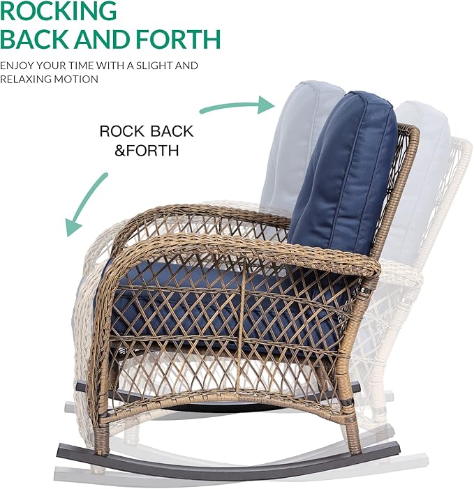 VIVIJASON Outdoor Wicker Rocking Chair, Patio Rattan Rocker Chair with Cushions & Steel Frame, All-Weather Rocking Lawn Wicker Furniture for Garden Backyard Porch (Navy Blue)